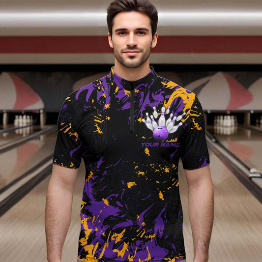 Black, Purple And Yellow Custom Bowling Team Men Quarter-Zip Shirts, Bowling Ball And Pin Jerseys IPHW8797
