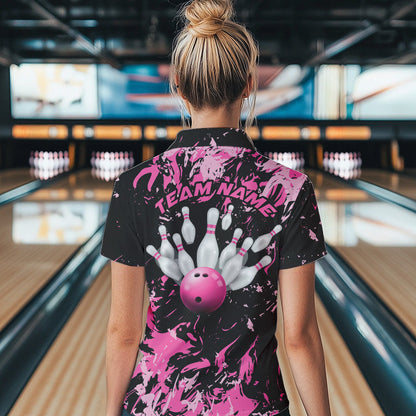 Black And Pink Custom Bowling Women Quarter-Zip Shirts, Bowling Ball And Pin Bowling Jersey IPHW8798