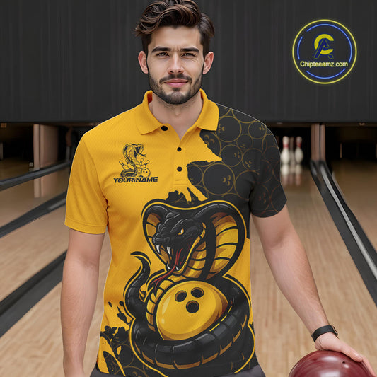 Custom Black And Yellow Cobra Snake Bowling Men Polo Shirts Team Uniform Bowling Pattern IPHW9030