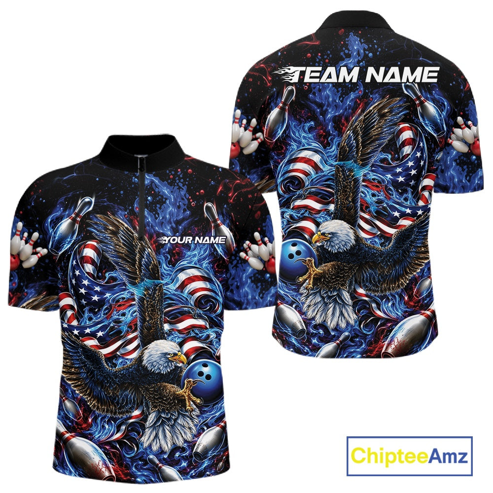 Front and back men’s bowling quarter zip shirt mockup with flaming bald eagle artwork, blue bowling ball, American flag details, and blue flames.