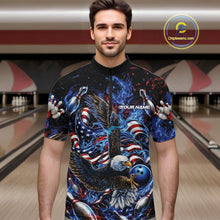 Load image into Gallery viewer, Front view male model in a bowling lane wearing a quarter zip shirt with flaming bald eagle, blue bowling ball, American flag, and blue flames.