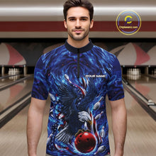 Load image into Gallery viewer, Front view male model at the bowling lane wearing a bowling quarter zip shirt with eagle motif, bowling ball, flag details, and pins.