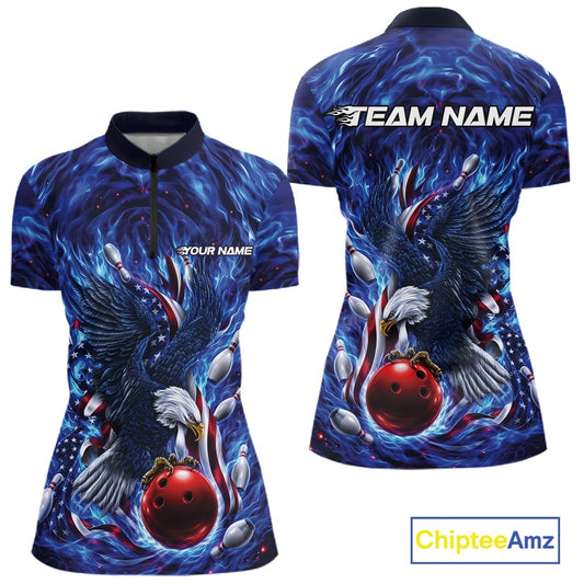 Women’s bowling quarter zip mockup shown front and back with eagle artwork positioned around a bowling ball, flowing flag elements, and pins.