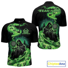 Load image into Gallery viewer, Custom Green Flame Grim Reaper Dart Men Quarter-Zip Shirts, Dart Team Halloween Outfits IPHW9980