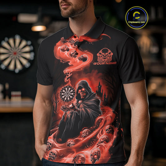 Custom Orange Flame Grim Reaper Dart Men Polo Shirts, Dart Team Halloween Outfits IPHW9982
