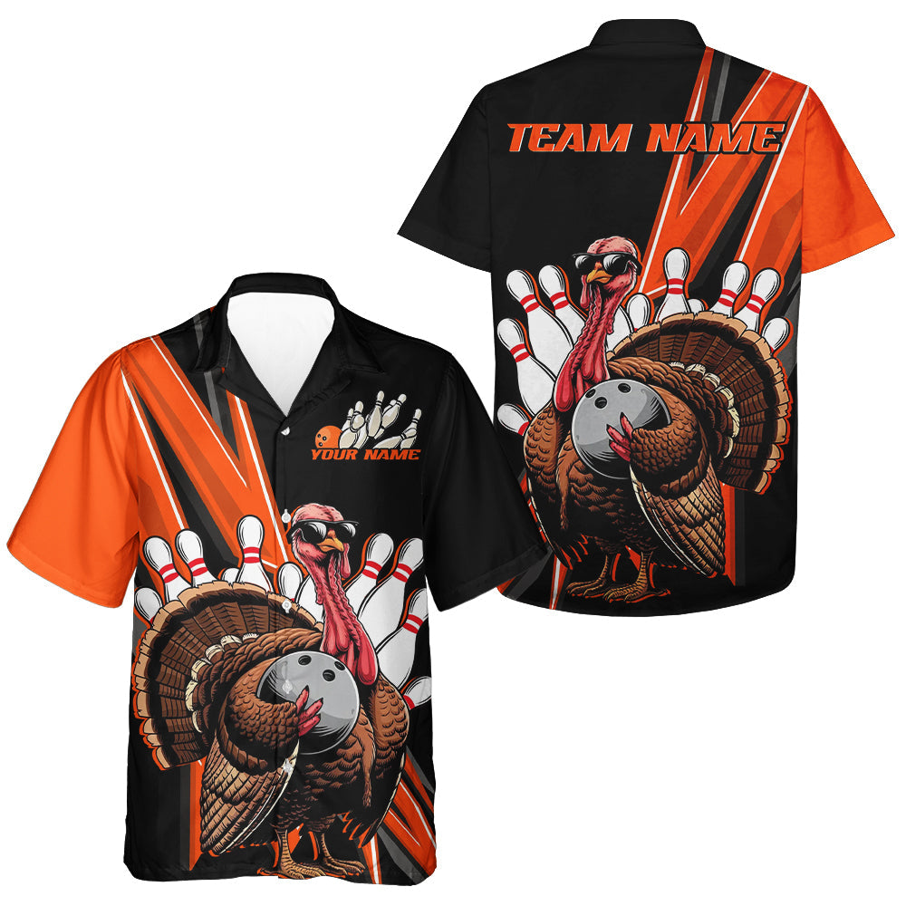 Black And Orange Custom Awesome Turkey Bowling Men And Women Hawaiian Shirt, Thanksgiving Bowling Jerseys IPHW7879
