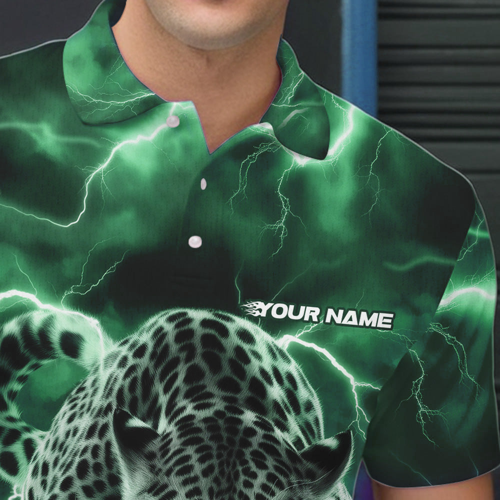 Green Thunder Lightning Custom Leopard Bowling Polo Shirts For Men, Bowling League Shirt IPHW8320