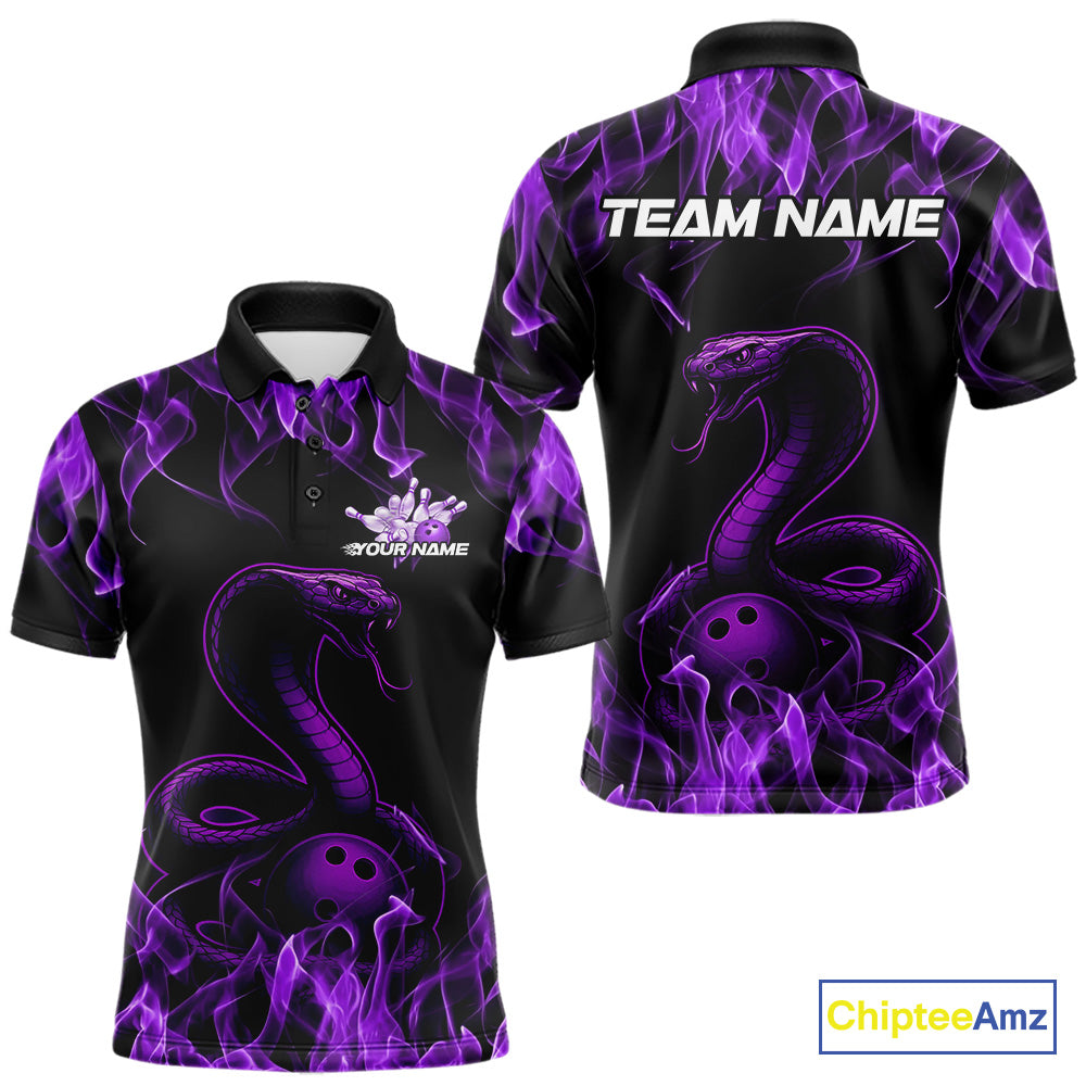 Custom Black And Purple Flame Cobra Snake Bowling Men Polo Shirts, Bowling League Shirt IPHW9041