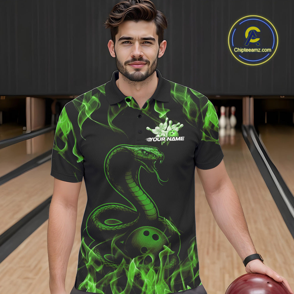 Custom Black And Green Flame Cobra Snake Bowling Men Polo Shirts, Bowling League Shirt IPHW9043