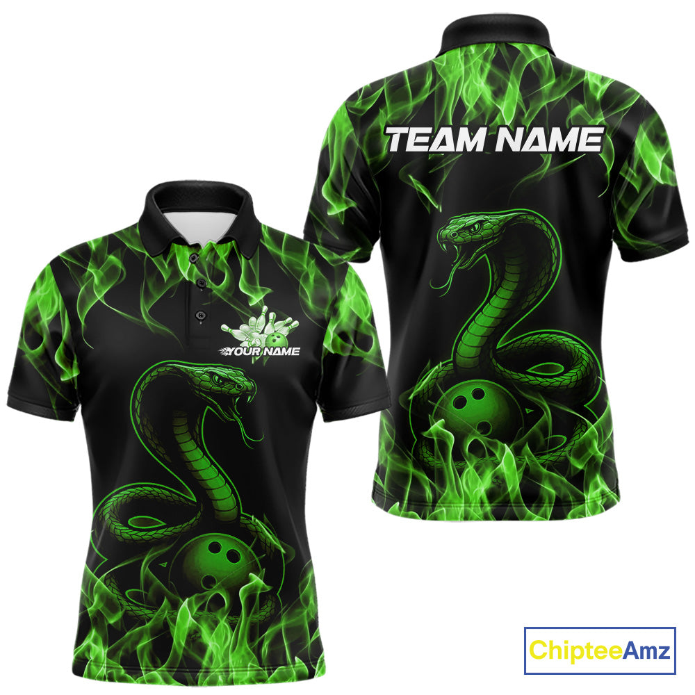 Custom Black And Green Flame Cobra Snake Bowling Men Polo Shirts, Bowling League Shirt IPHW9043
