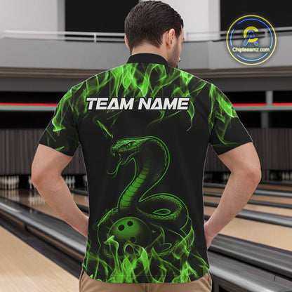 Custom Black And Green Flame Cobra Snake Bowling Men Quarter-Zip Shirts, Bowling League Shirt IPHW9043