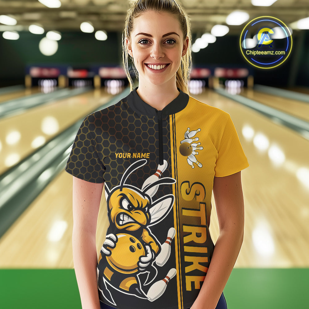 Custom Strike Bee Bowling Quarter-Zip Shirts For Women, Bee Bowling Team Bowlers Outfit IPHW9047