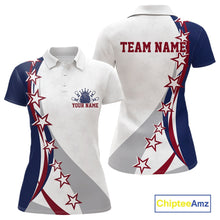 Load image into Gallery viewer, Front and back women’s polo shirt mockup featuring bowling artwork with sweeping stars and red, white, and blue stripe patterns.