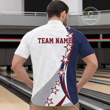 Load image into Gallery viewer, Front view of a male model in a bowling lane wearing a red, white, and blue quarter zip shirt with bowling artwork and stars.