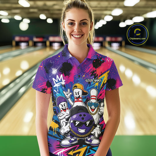 Custom Funny Colorful Hiphop Bowling Women Polo Team Shirt, Graffity Bowling Jerseys IPHW11804