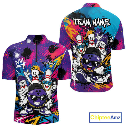 Custom Funny Colorful Hiphop Bowling Men Quarter Zip Team Shirt, Graffity Bowling Jerseys IPHW11804