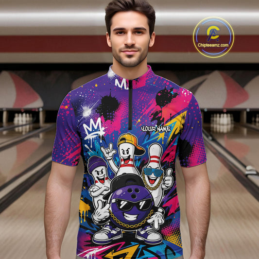 Custom Funny Colorful Hiphop Bowling Men Quarter Zip Team Shirt, Graffity Bowling Jerseys IPHW11804