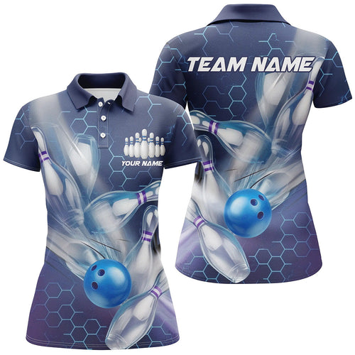 Custom Blue Striking Bowling Shirts For Women, Bowling League Shirts Bowling Team Jerseys IPHW7665