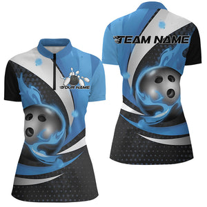 Black And Blue Flame Custom Bowling Shirts For Women, Bowling League Shirts Bowler Outfits IPHW7667