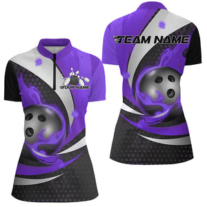 Black And Purple Flame Custom Ladies Bowling Shirts, Bowling League Shirts Bowler Outfits IPHW7669