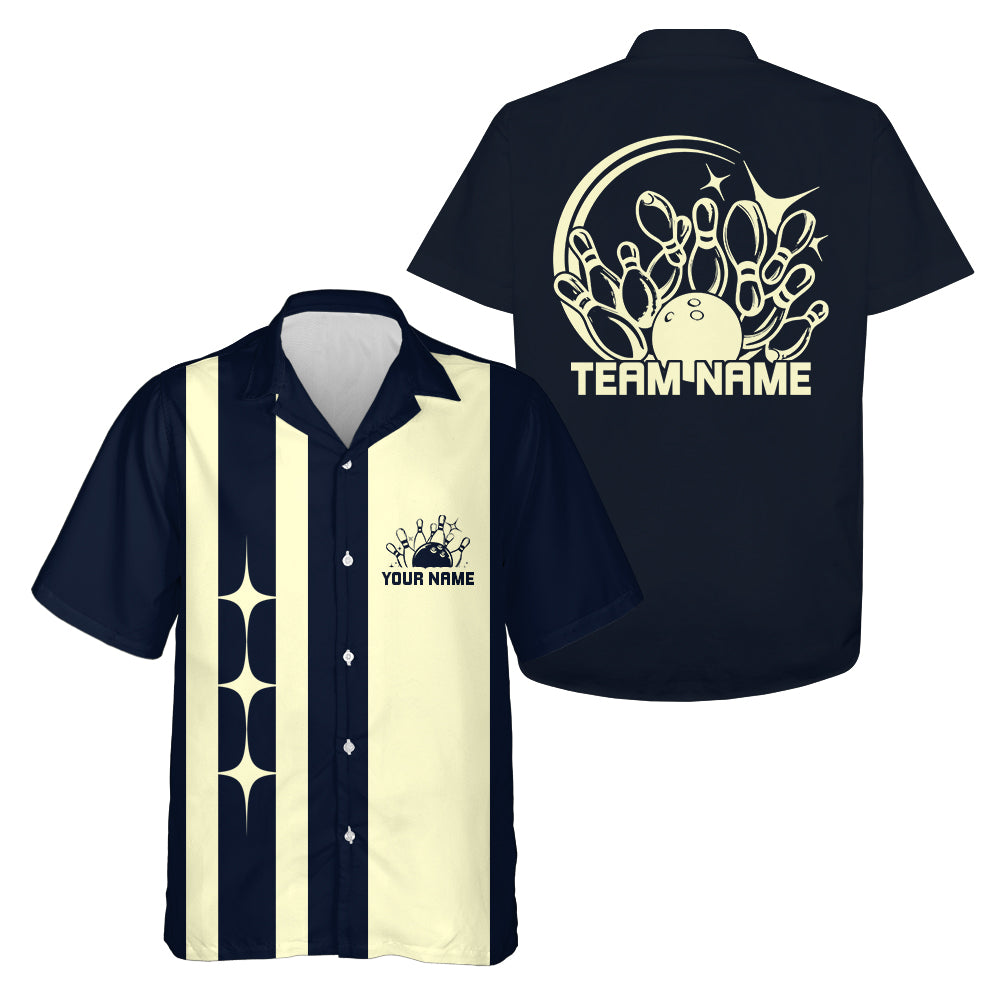 Classic Retro Black and white bowling shirt with 'Your Name' and 'Team Name' text on a white background