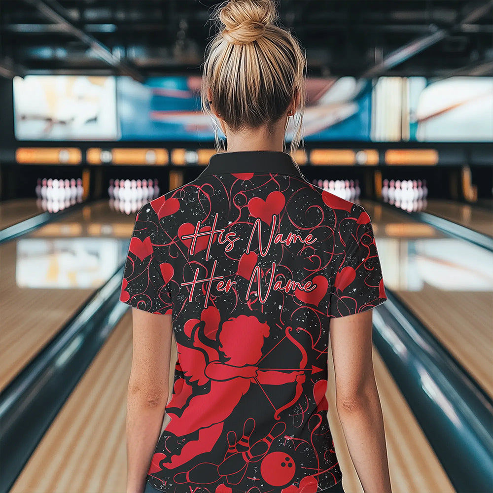 Black And Red Custom Valentines Day Womens Bowling Quarter-Zip Shirts, Bowling Couple Shirt IPHW8329
