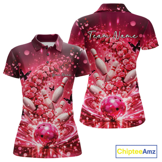 Custom Pink Roses And Butterfly Women Bowling Shirt, Flower Ladies Bowling Jerseys IPHW10893