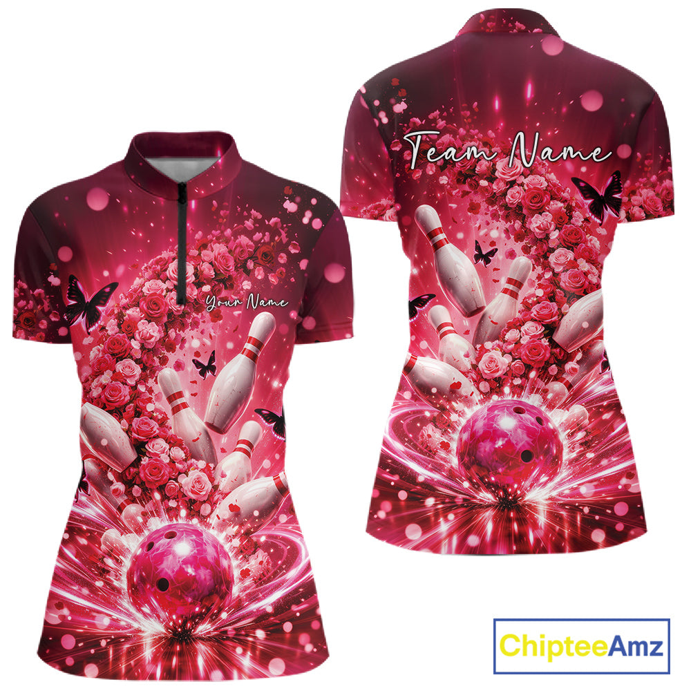 Custom Pink Roses And Butterfly Women Bowling Shirt, Flower Ladies Bowling Jerseys IPHW10893