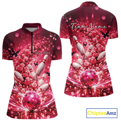 Custom Pink Roses And Butterfly Women Bowling Shirt, Flower Ladies Bowling Jerseys IPHW10893