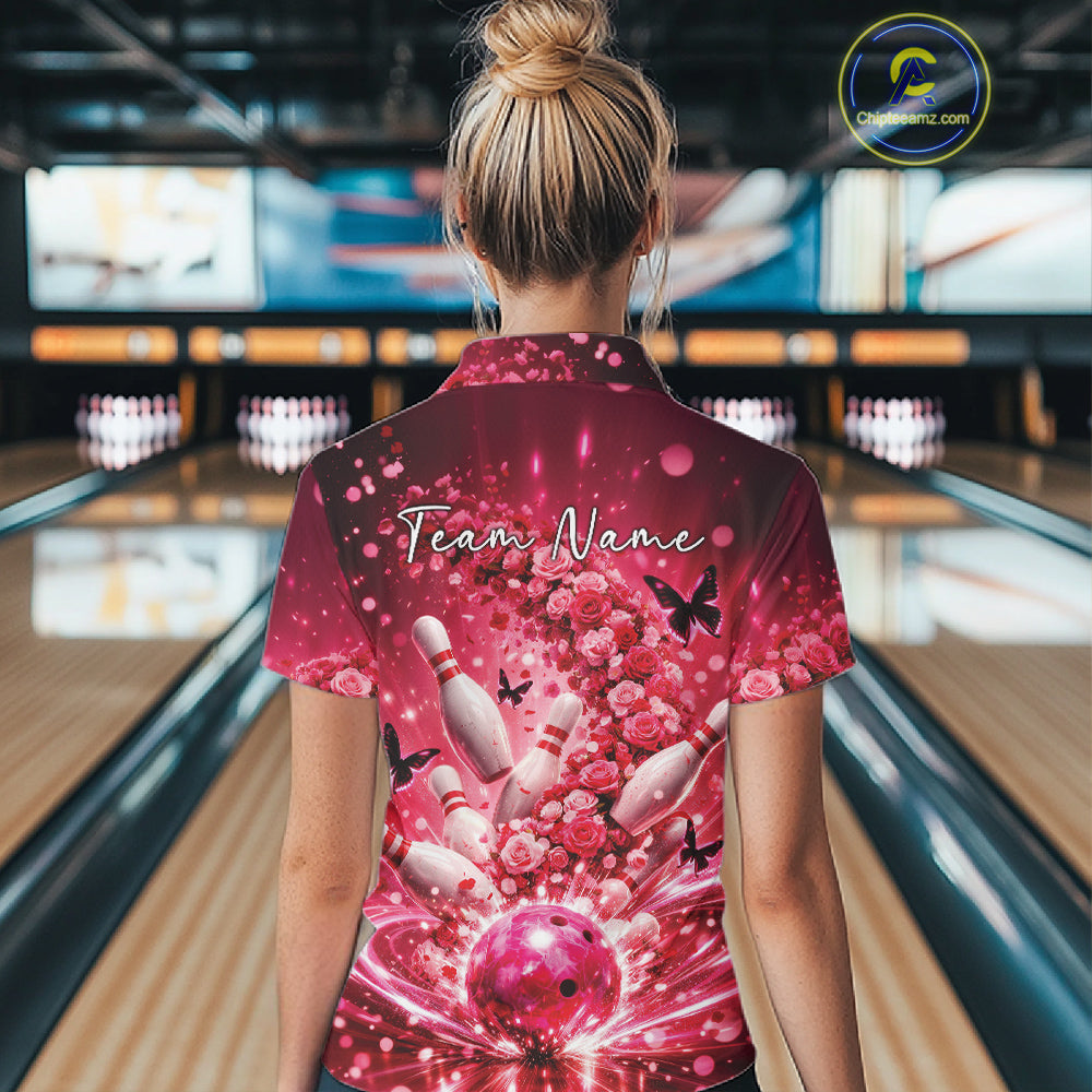Custom Pink Roses And Butterfly Women Bowling Shirt, Flower Ladies Bowling Jerseys IPHW10893