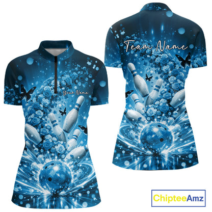 Custom Blue Roses And Butterfly Women Bowling Shirt, Flower Ladies Bowling Jerseys IPHW10894