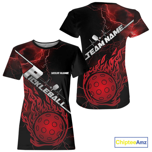 Custom Black And Red Thunder Lightning Flame Pcikleball T-Shirts Team For Women IPHW9304