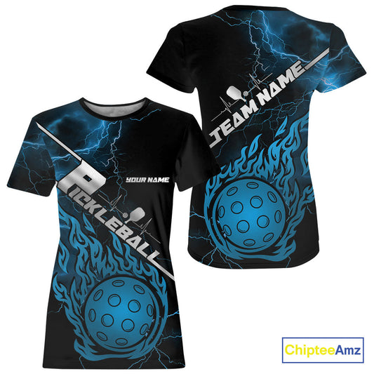 Custom Black And Blue Thunder Lightning Flame Pcikleball T-Shirts Team For Women IPHW9305