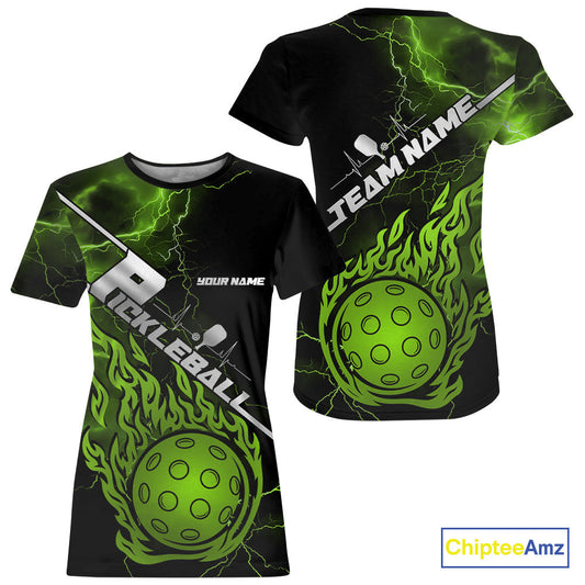 Custom Black And Green Thunder Lightning Flame Pcikleball T-Shirts Team For Women IPHW9307