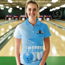 Load image into Gallery viewer, Female model front view at the bowling lane wearing a bowling polo shirt with bowling ball and pins in a pink gradient layout.