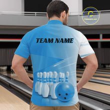 Load image into Gallery viewer, Front view of a male model in a bowling lane wearing a quarter zip shirt with bowling ball and pins arranged in a pink gradient layout.