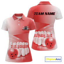 Load image into Gallery viewer, Women’s polo shirt mockup shown front and back with bowling ball and pins artwork arranged within a pink gradient layout.