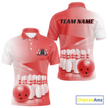 Load image into Gallery viewer, Men’s bowling polo shirt mockup shown front and back with bowling ball and pins arranged in a pink gradient design.