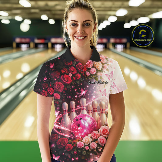Custom Dreamy Pink Roses And Butterfly Women Bowling Polo Shirt, Ladies Bowling Shirt IPHW10896