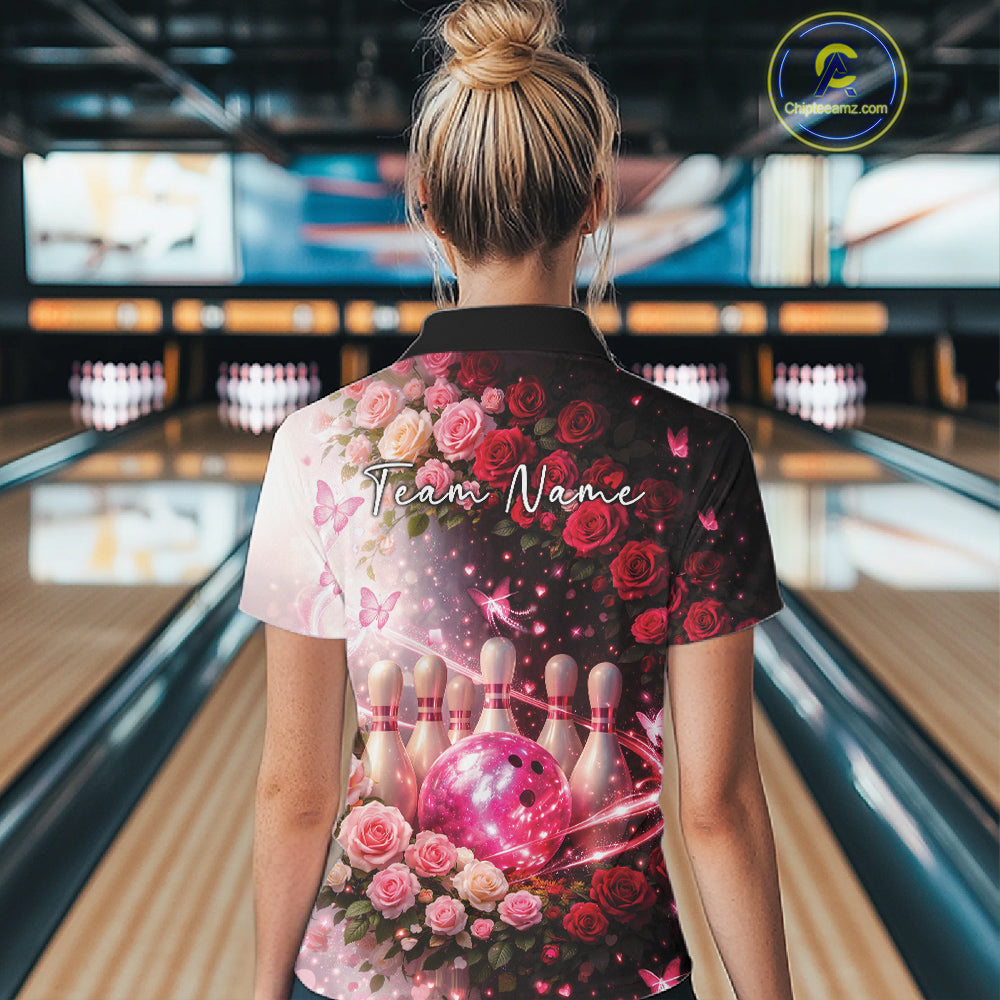Custom Dreamy Pink Roses And Butterfly Women Bowling Polo Shirt, Ladies Bowling Shirt IPHW10896