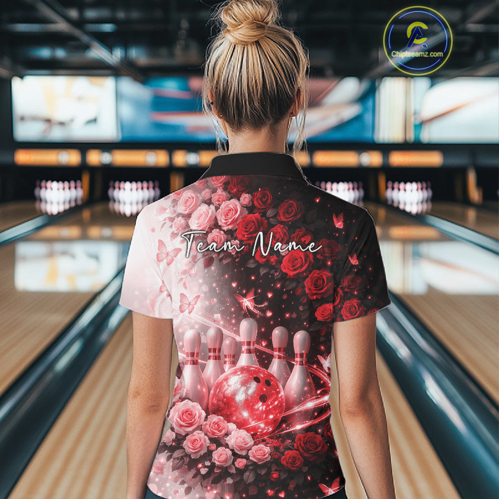 Custom Dreamy Red Roses And Butterfly Women Bowling Polo Shirt, Ladies Bowling Shirt IPHW10898