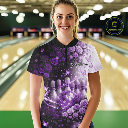 Custom Dreamy Purple Roses And Butterfly Women Bowling Quarter-Zip Shirt, Ladies Outfit IPHW10899