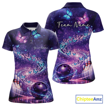 Custom Elegant Blue And Purple Butterfly Women Bowling Shirt, Ladies Bowling Team Outfit IPHW10908