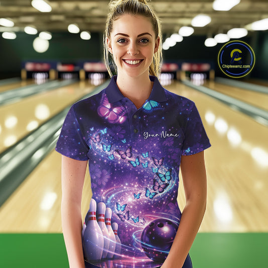 Custom Elegant Blue And Purple Butterfly Women Bowling Shirt, Ladies Bowling Team Outfit IPHW10908