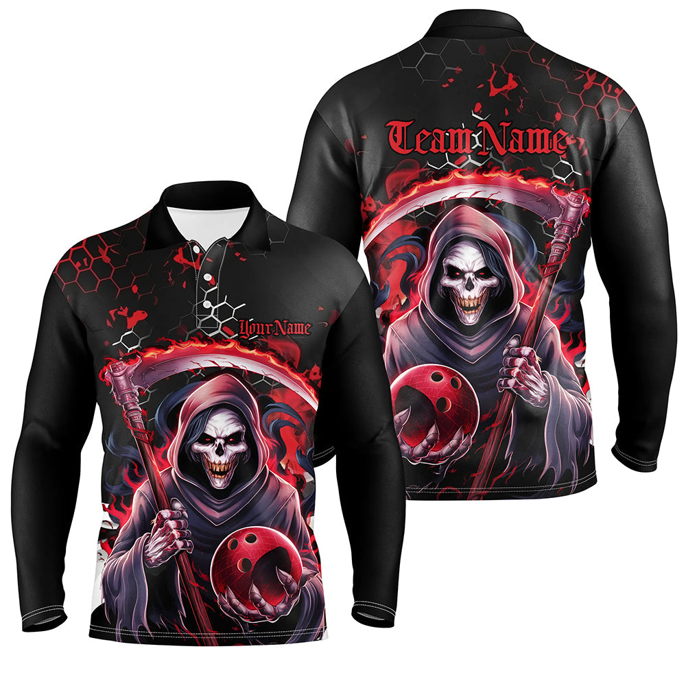 Red And Black Custom Skull Bowling Polo Shirts For Men, Halloween Long Sleeve Bowling Shirts IPHW6781