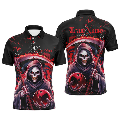 Red And Black Custom Grim Reaper Bowling Polo Shirts For Men, Halloween Skull Bowling Shirts Outfit IPHW6781