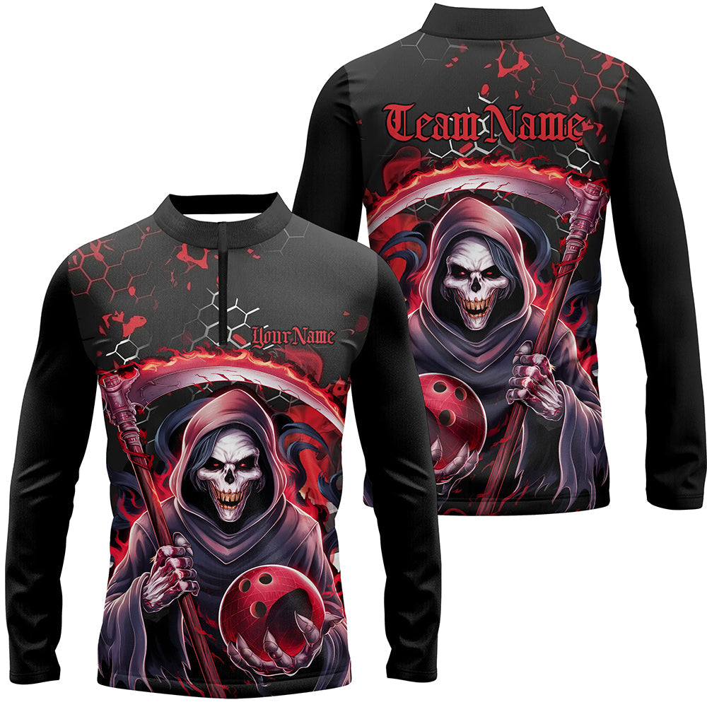 Red And Black Custom Skull Bowling Quarter-Zip Shirts For Men, Halloween Long Sleeve Bowling Shirt IPHW6781