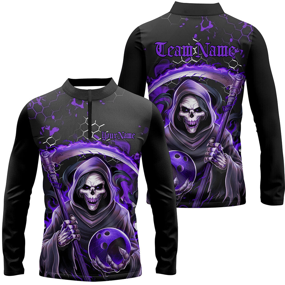 Purple And Black Custom Skull Bowling Zip Shirt For Men, Halloween Long Sleeve Bowling Shirts IPHW6783