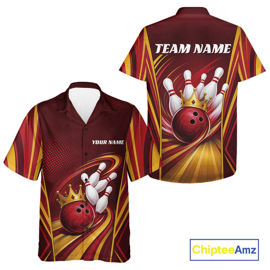 Custom bowling-themed short-sleeve button-up shirts shown from the front and back on a white background. The design features a red and gold abstract background with illustrations of a bowling ball, bowling pins, and a gold crown, along with customizable text placeholders 'YOUR NAME' and 'TEAM NAME'.