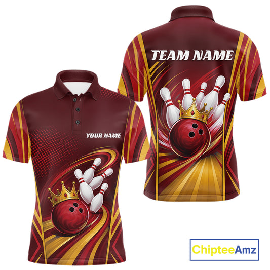 Custom short-sleeve polo shirt shown from the front and back, featuring a bowling theme with a red bowling ball, white bowling pins, and a gold crown on a maroon and yellow graphic background. Includes customizable text placeholders 'YOUR NAME' and 'TEAM NAME'.